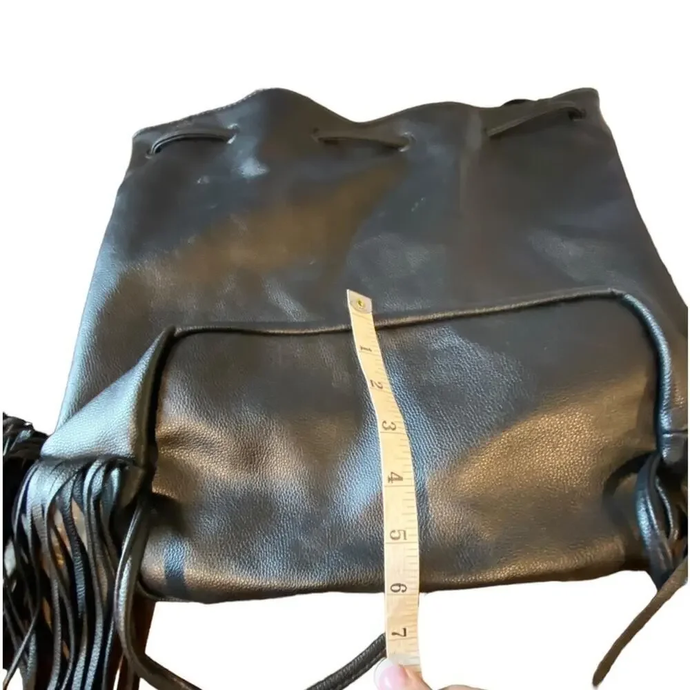Victoria's Secret Black Faux Pebbled Leather Fringe Bucket Bag